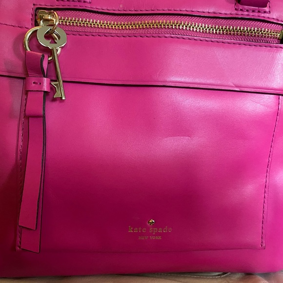 Gorgeous fuchsia hot Barbie pink leather Kate Spade satchel. Gold lurex dot int - Picture 3 of 13